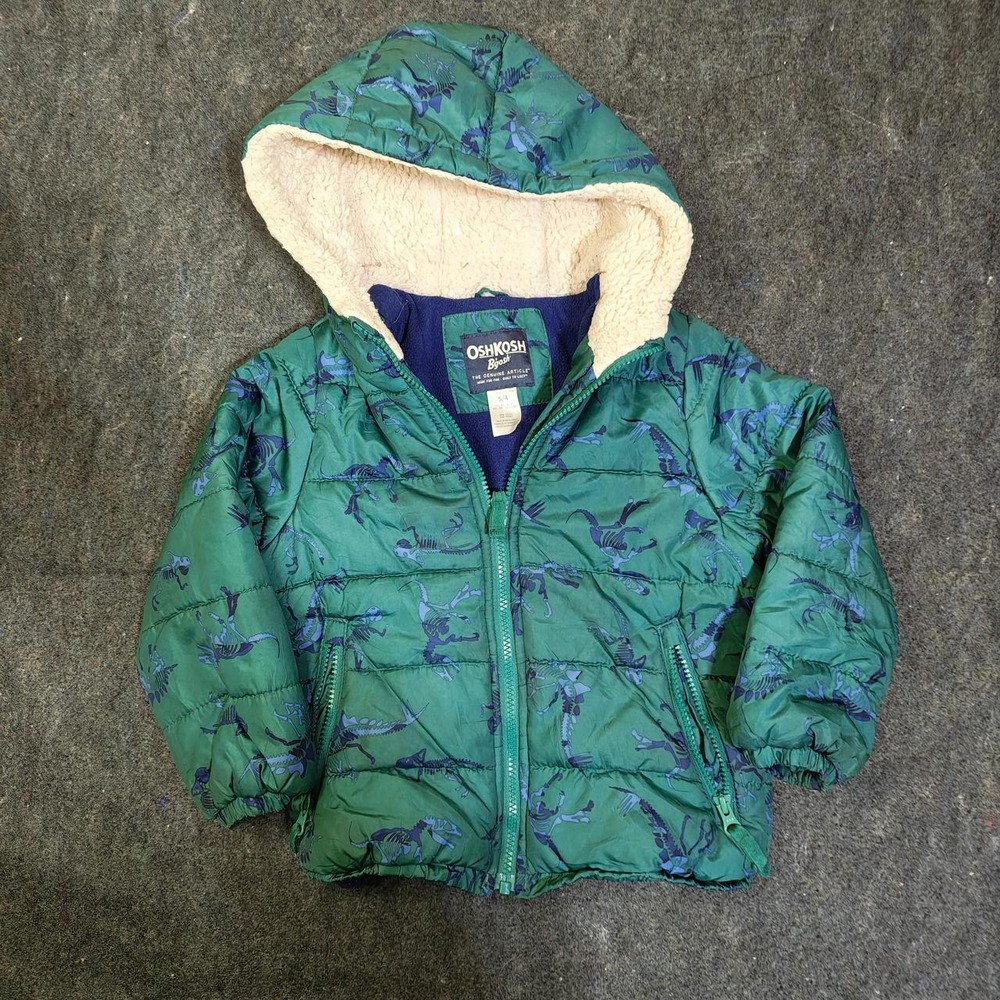 OshKosh Bgosh Boys Green Dinosaur Skeleton Puffer Jacket Hooded Coat Size 4